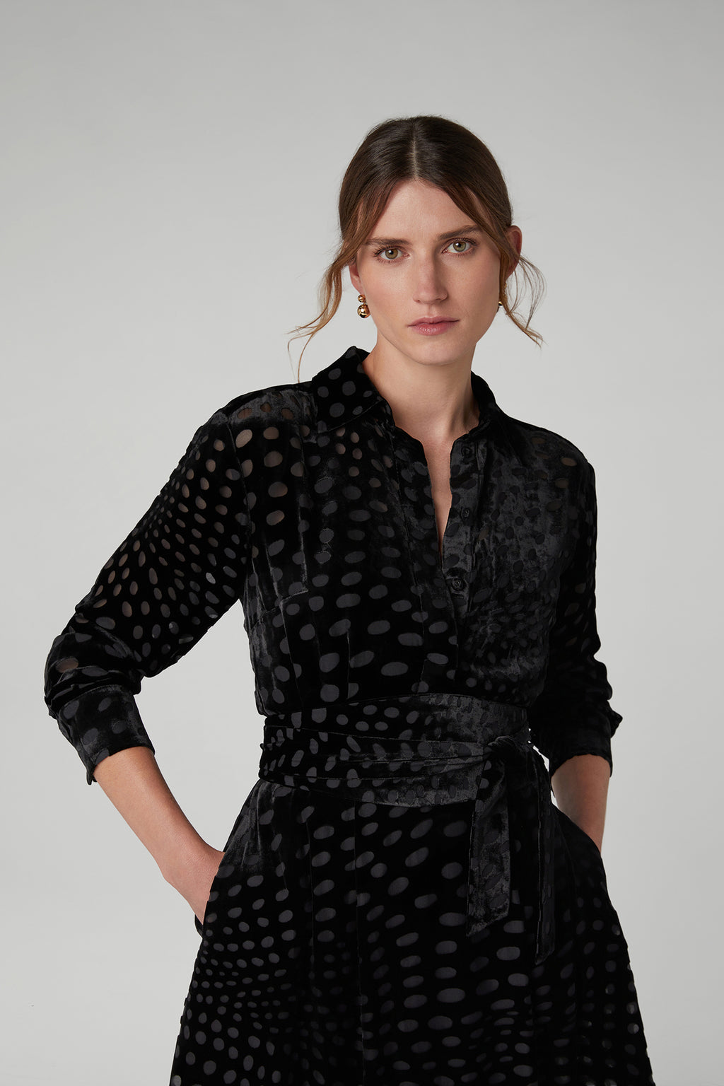 Jasper Conran "Isabel" Velvet Devoré Shirt Dress in Black