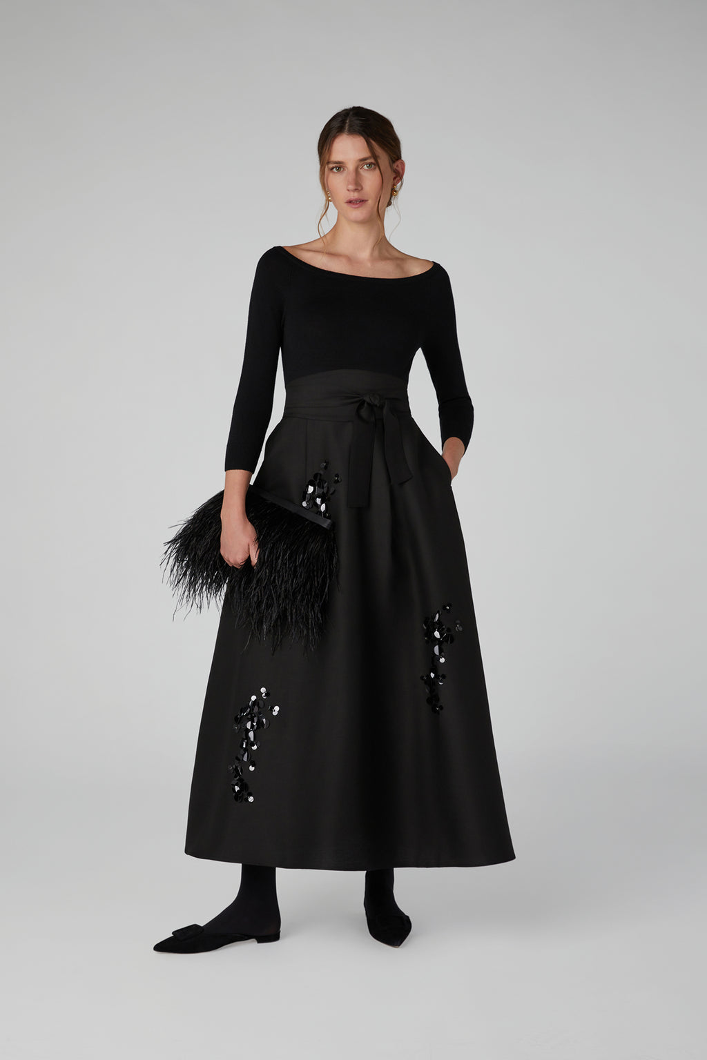 Jasper Conran "Imelda" Wool Silk Sequin Skirt in Black