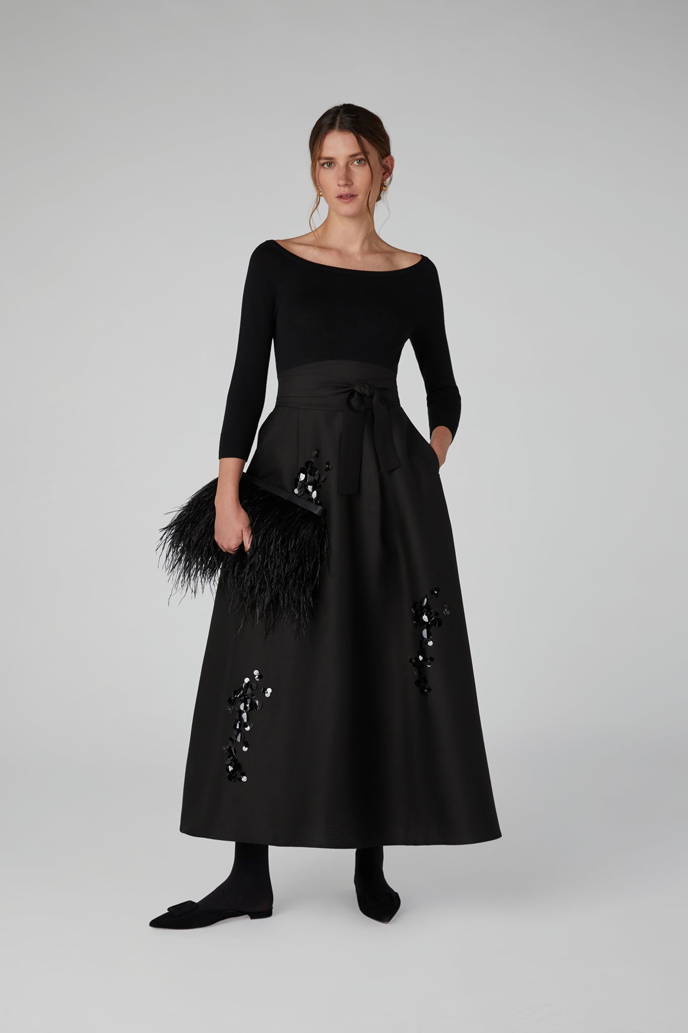 Jasper Conran "Imelda" Wool Silk Sequin Skirt in Black