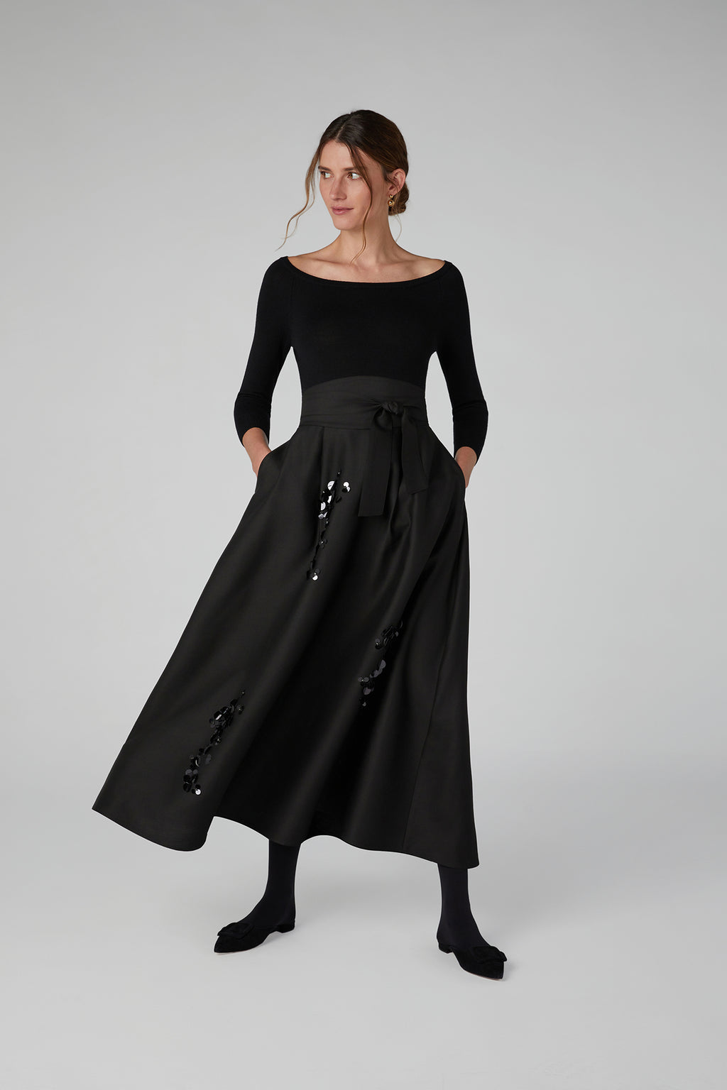 Jasper Conran "Imelda" Wool Silk Sequin Skirt in Black