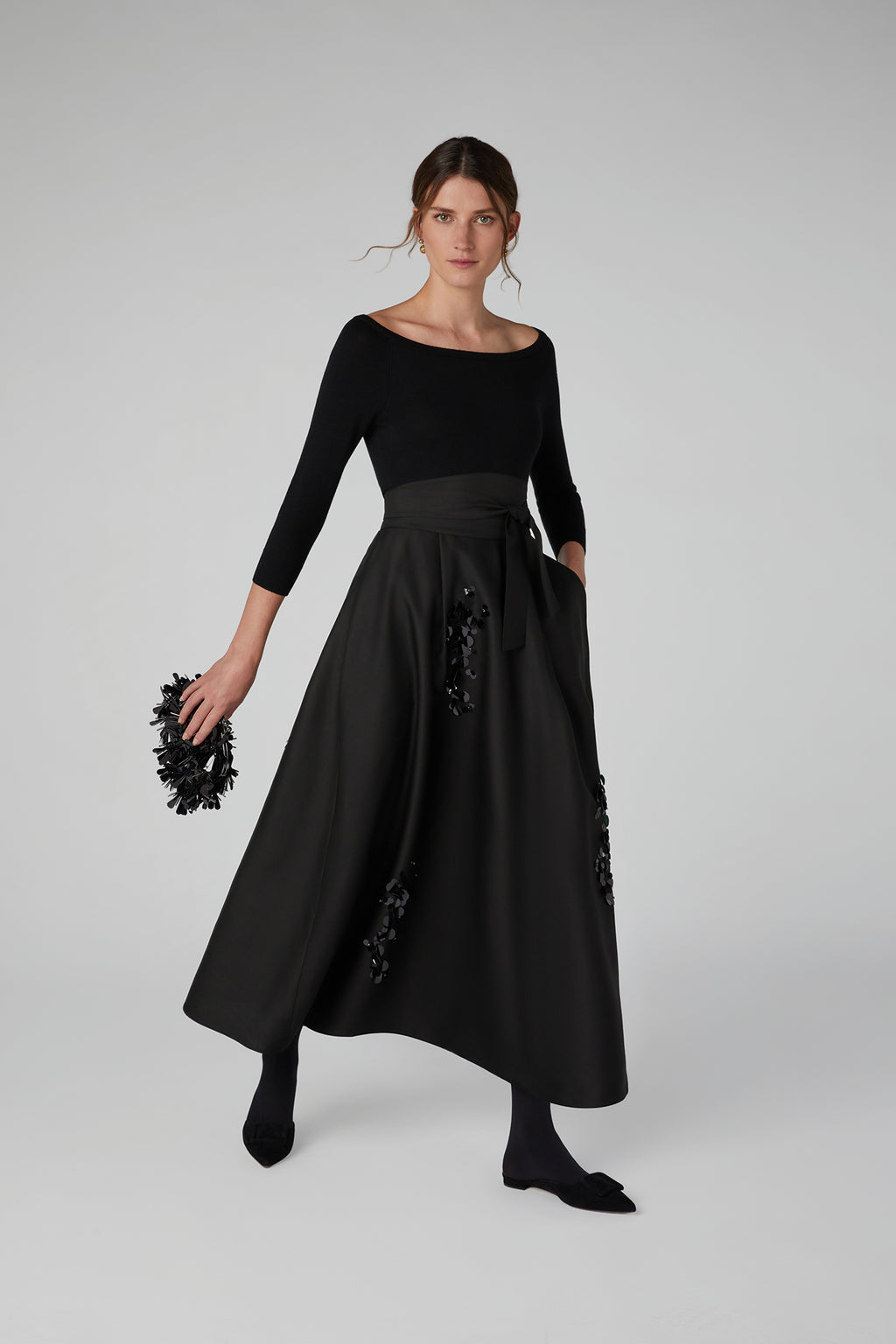 Jasper Conran "Imelda" Wool Silk Sequin Skirt in Black