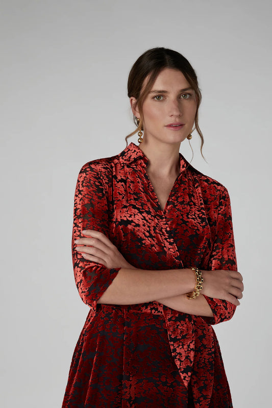 Jasper Conran "Iris" Velvet Devoré Wrap Dress in Red