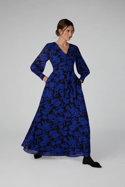 Jasper Conran "Ira" Printed Georgette Maxi V Neck Dress in Blue