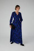 Ira Printed Georgette Maxi V Neck Dress in Blue