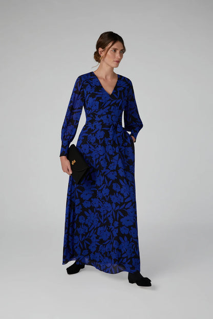Jasper Conran "Ira" Printed Georgette Maxi V Neck Dress in Blue