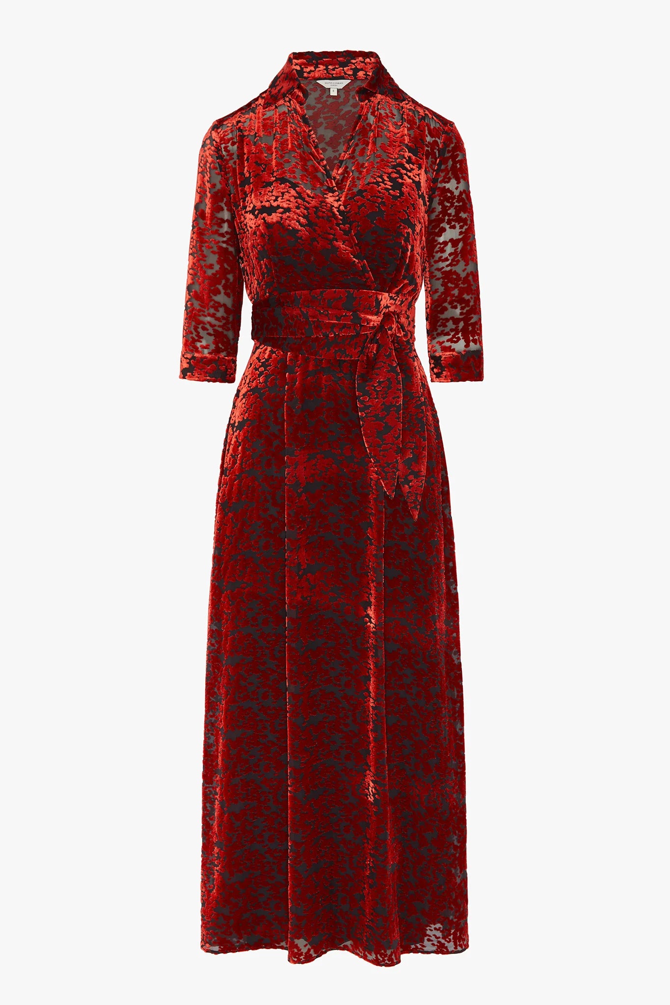 Jasper Conran "Iris" Velvet Devoré Wrap Dress in Red