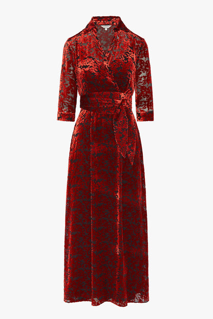 Jasper Conran "Iris" Velvet Devoré Wrap Dress in Red