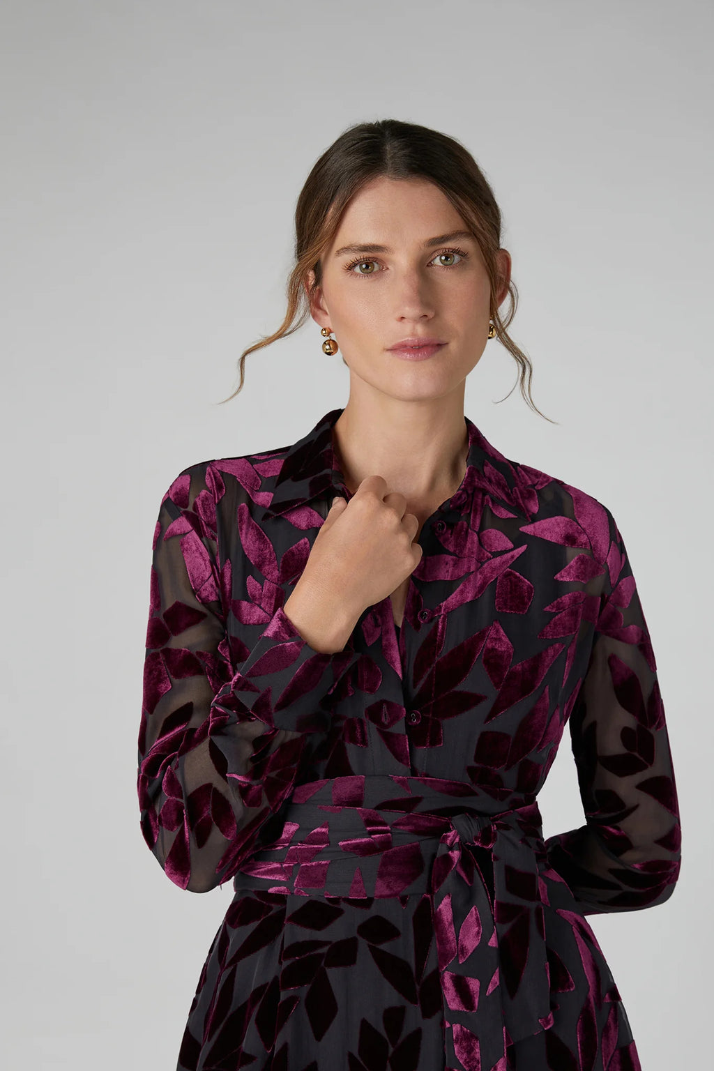 Idalia Velvet Burn Out Shirt in Cerise Geo Pink
