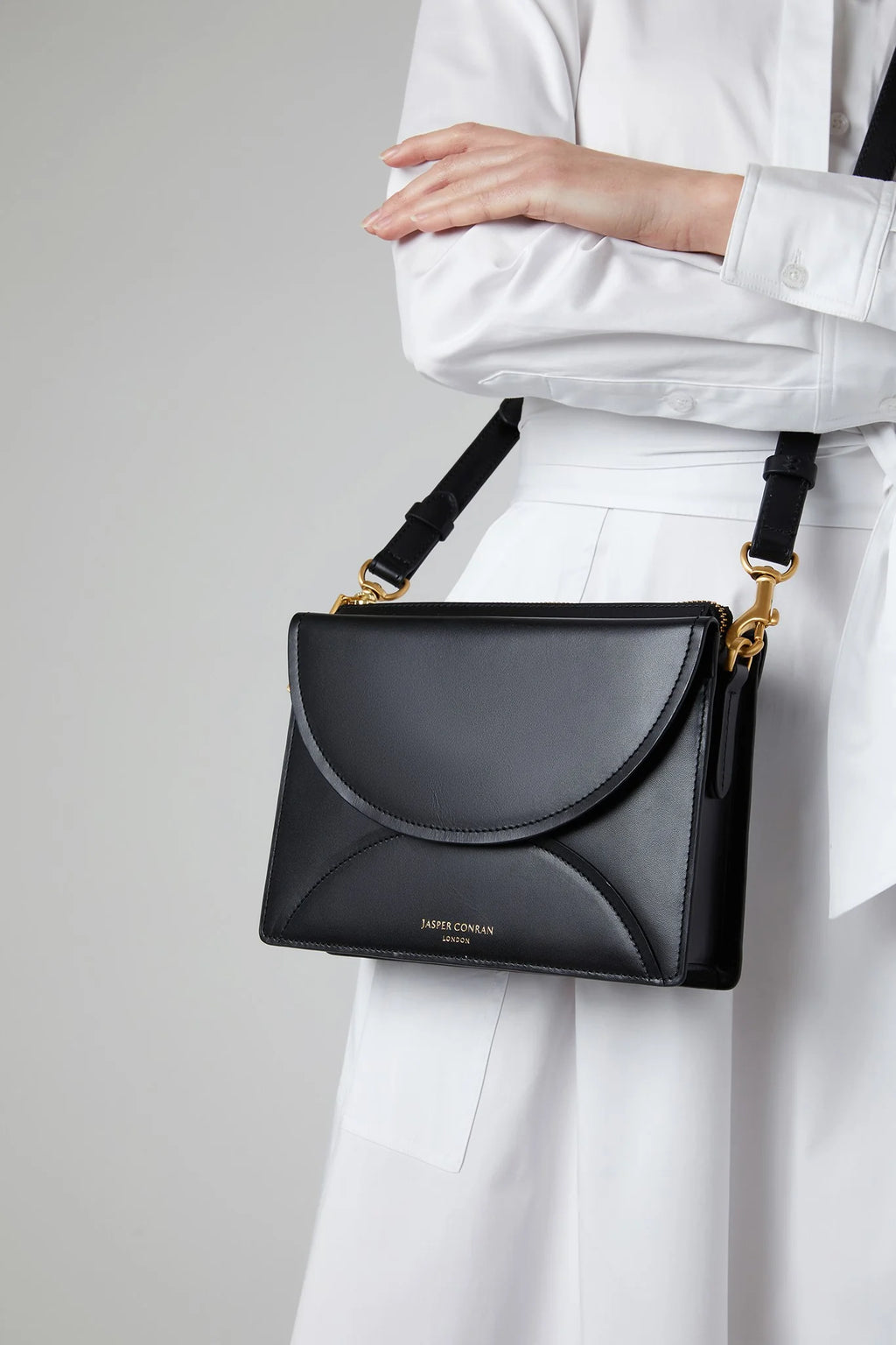 Jasper Conran "Darcey" Leather Double Flap Cross Body Bag in Black