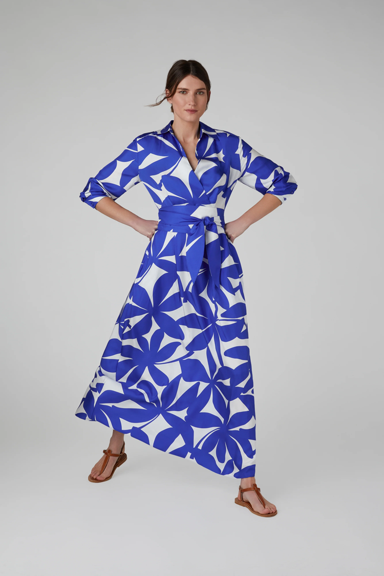 Jasper Conran Celia Printed Maxi Silk Wrap Dress Silk Twill Blue