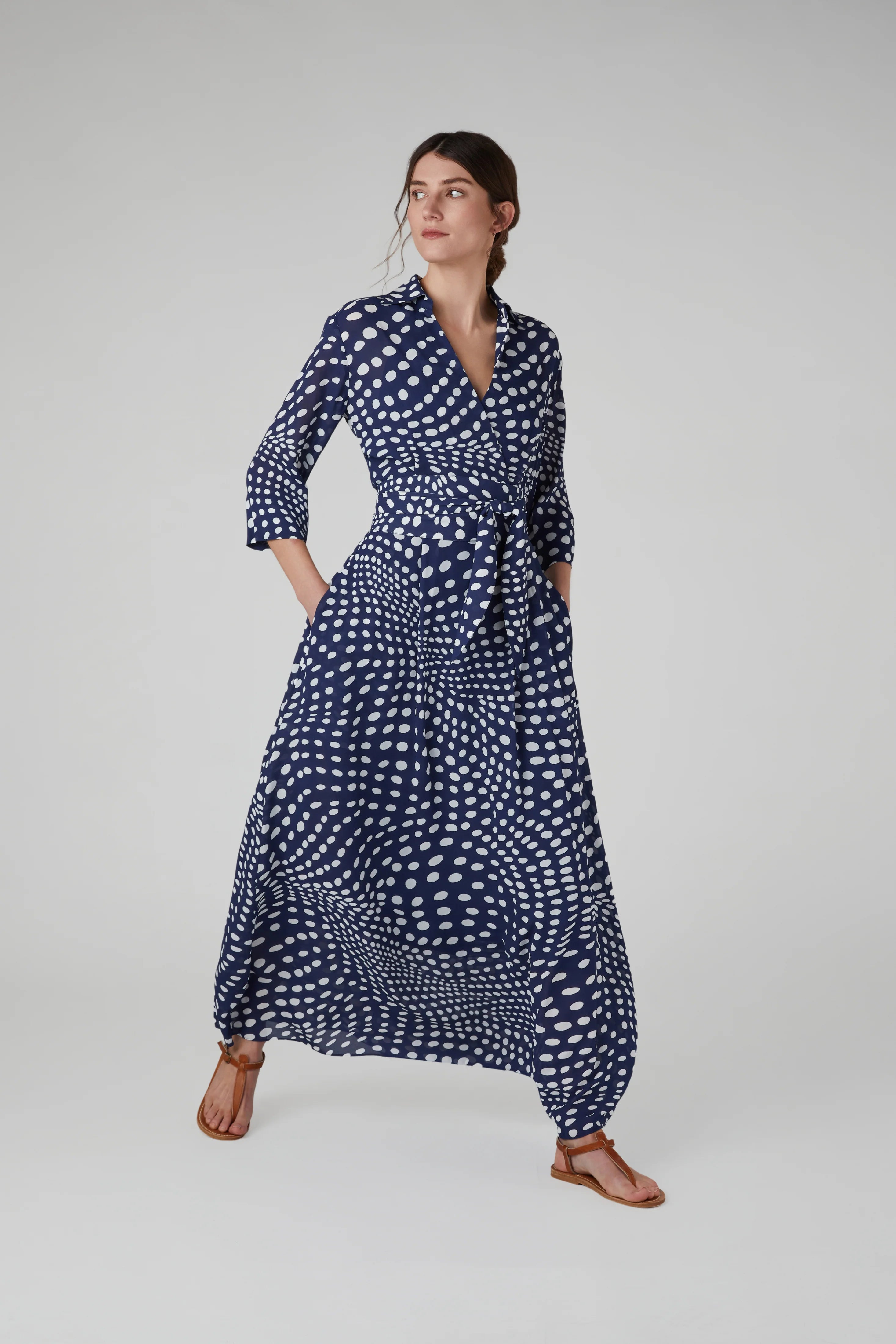 Jasper Conran "Hazel" Printed Georgette Maxi Wrap Dress in Navy