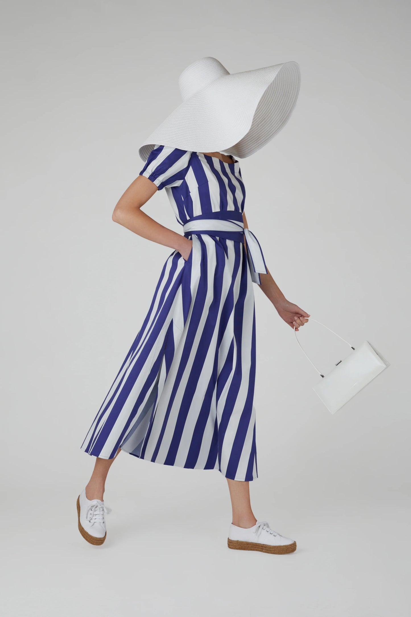 Jasper Conran "Hallie" Bardot A-Line Striped Dress in Blue