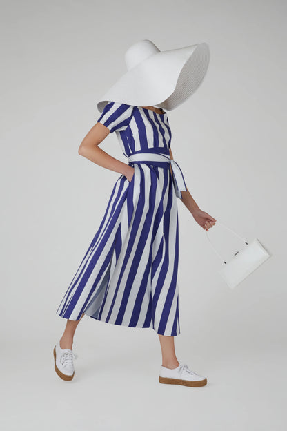 Jasper Conran "Hallie" Bardot A-Line Striped Dress in Blue