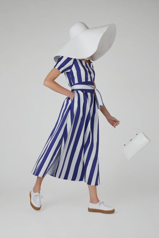 Jasper Conran "Hallie" Bardot A-Line Striped Dress in Blue