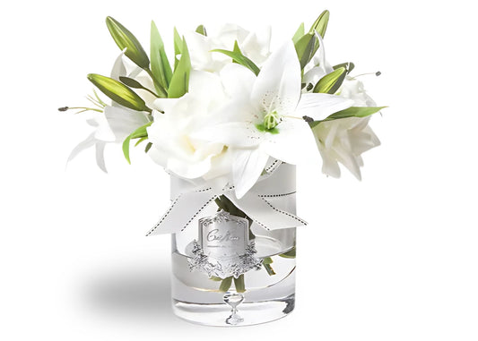 Linen Obsession "Rose & Lily Bouquet" in Glass Vase – Ivory White