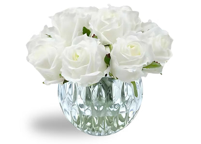 "Rose Buds Bouquet" in Glass Vase – 13 Artificial Silk Flowers