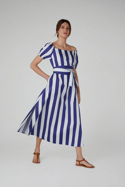 Jasper Conran "Hallie" Bardot A-Line Striped Dress in Blue