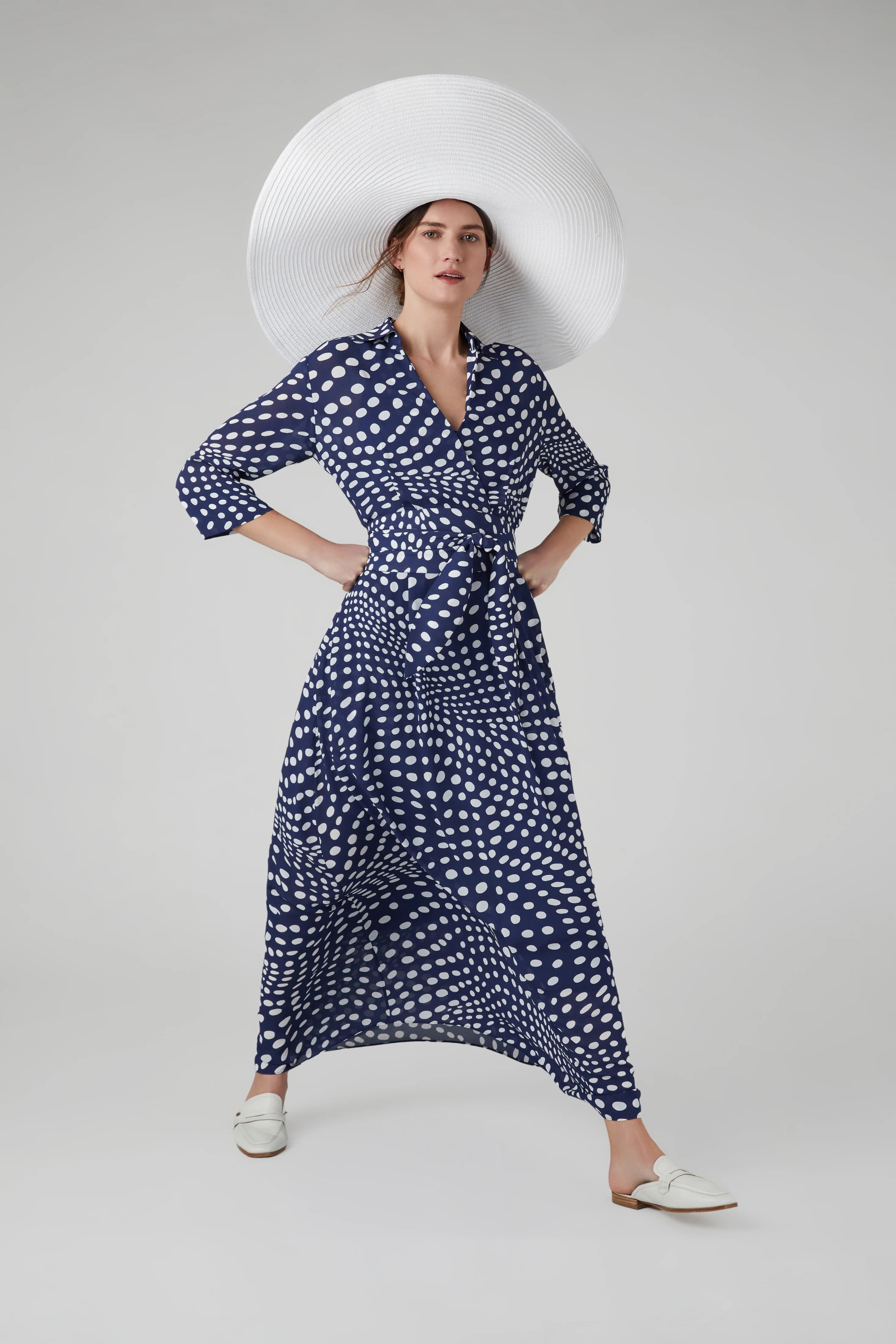Jasper Conran "Hazel" Printed Georgette Maxi Wrap Dress in Navy
