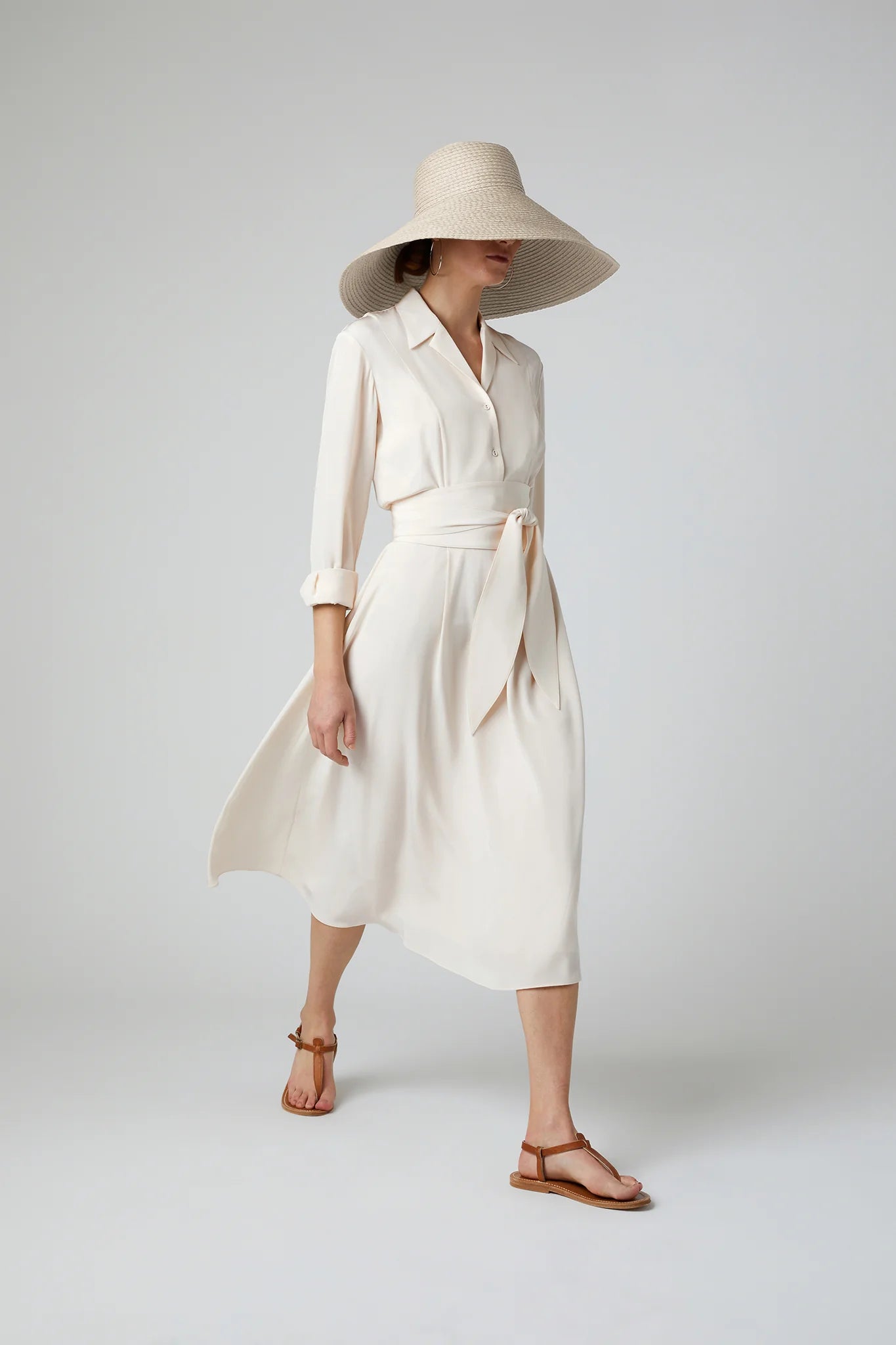 Jasper Conran "Filomena" Silk Full Skirt Shirt Dress in Cream