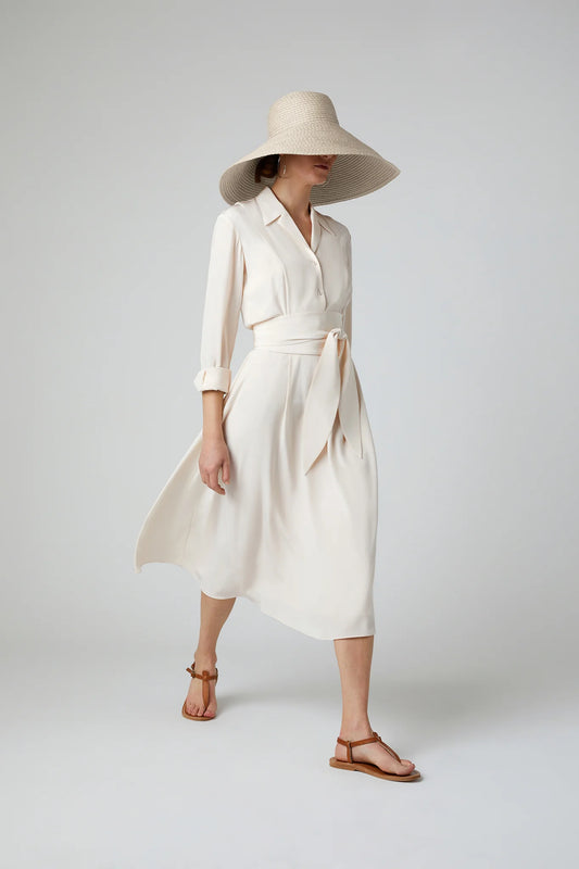 Jasper Conran "Filomena" Silk Full Skirt Shirt Dress in Cream