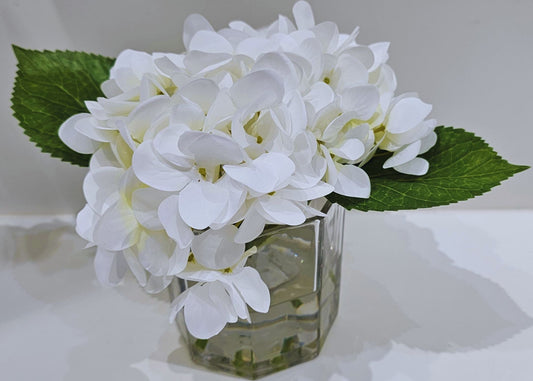 Linen Obsession "Hydrangea" White Flower Arrangement in Glass Vase