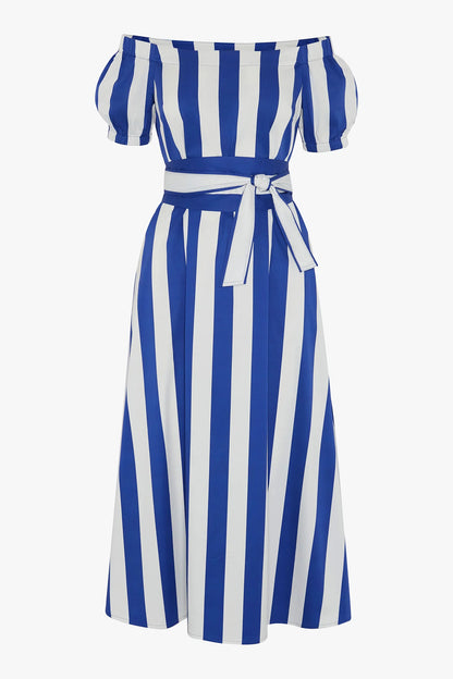 Jasper Conran "Hallie" Bardot A-Line Striped Dress in Blue