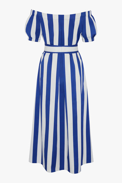 Jasper Conran "Hallie" Bardot A-Line Striped Dress in Blue