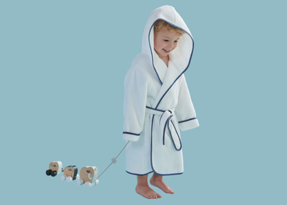 Christy "Mini Hooded" Bath Robe in White & Denim Blue