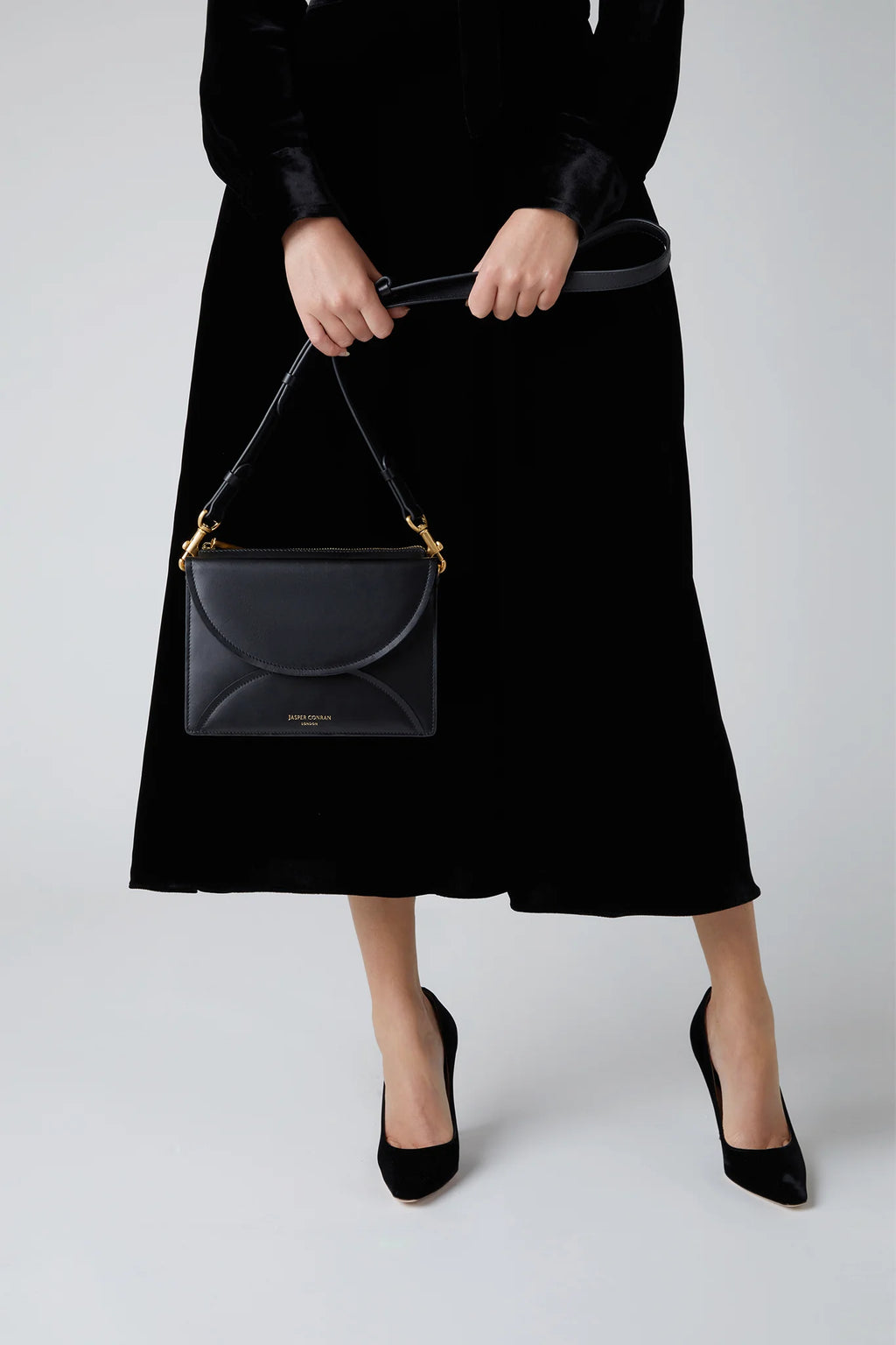 Jasper Conran "Darcey" Leather Double Flap Cross Body Bag in Black