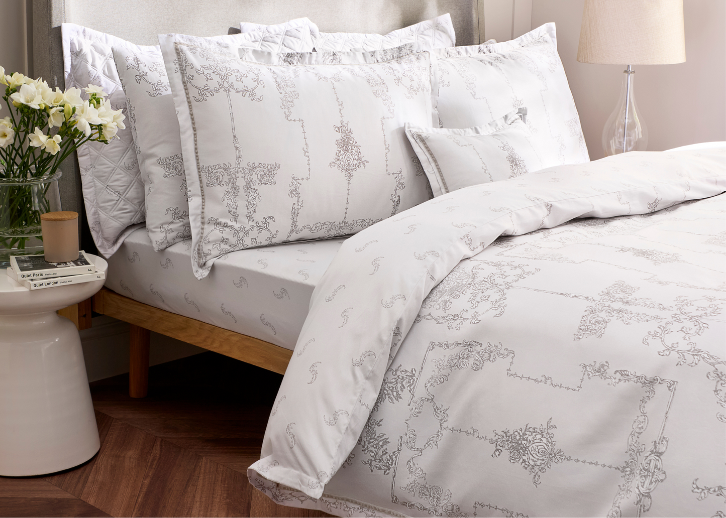 Christy "Ambroise Oyster" Duvet Cover Set in Cream / Silver
