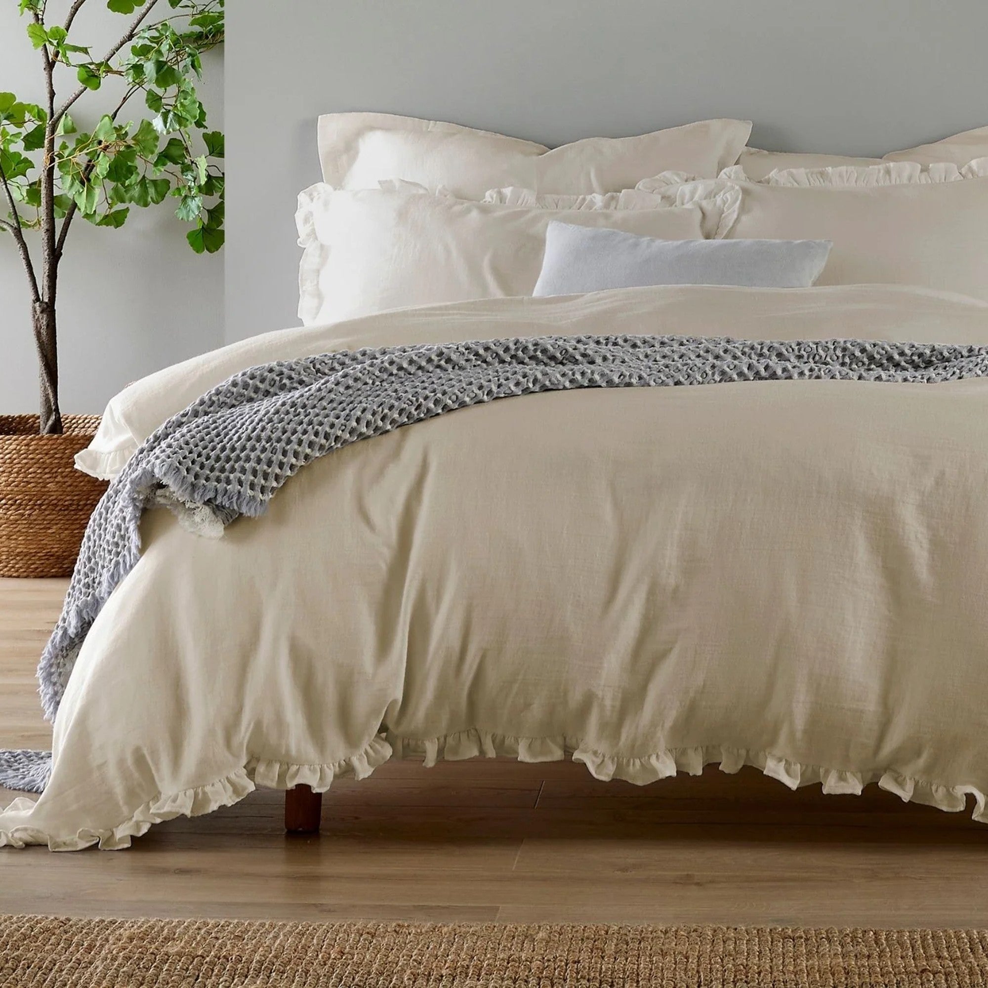 Organic Cotton Retreat Ruffle Plain Dyed Duvet Covers in Oat (Beige)