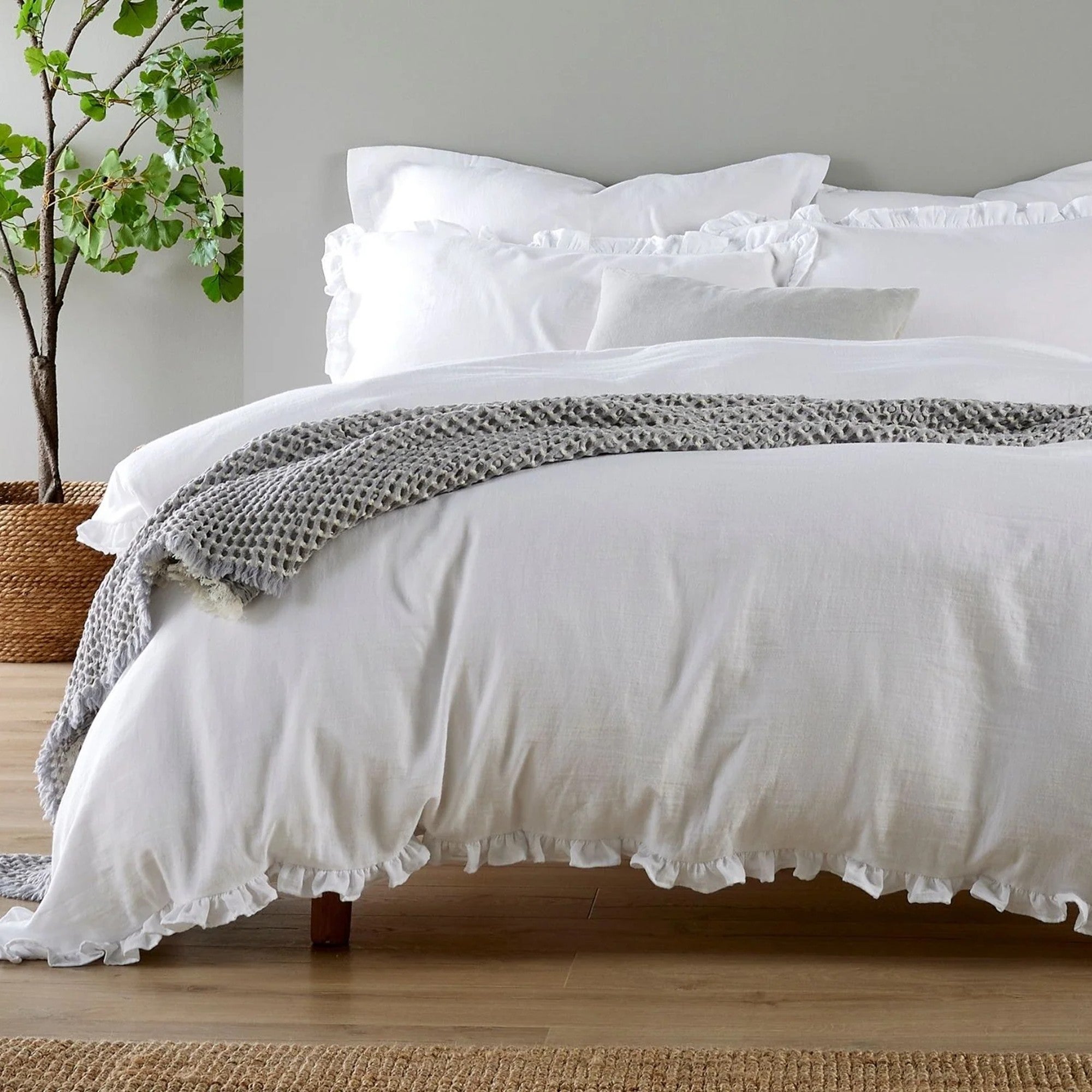 Organic Cotton Retreat Ruffle Plain Dyed Duvet Cover Sets in White