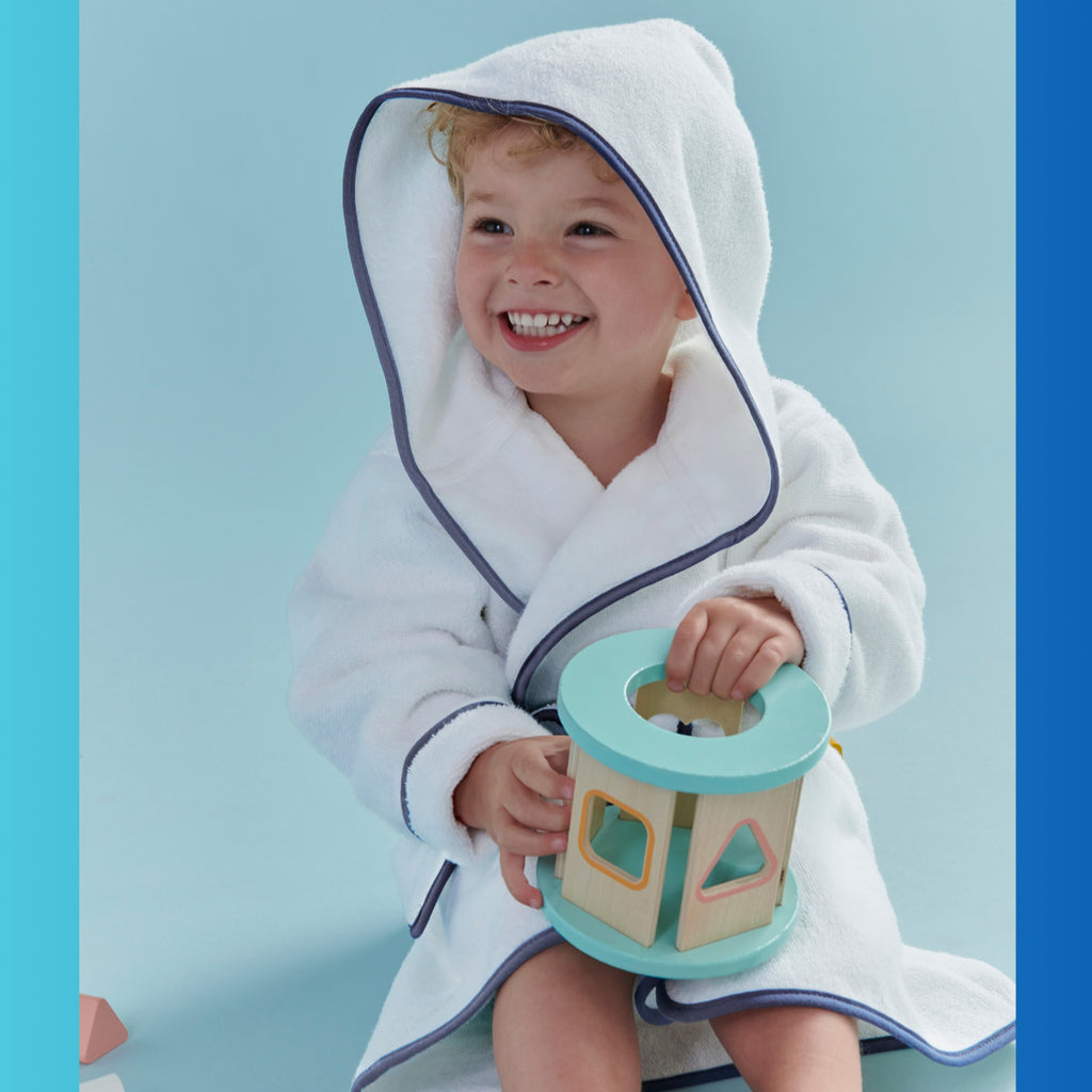 Mini Hooded Bath Robe in White & Denim Blue