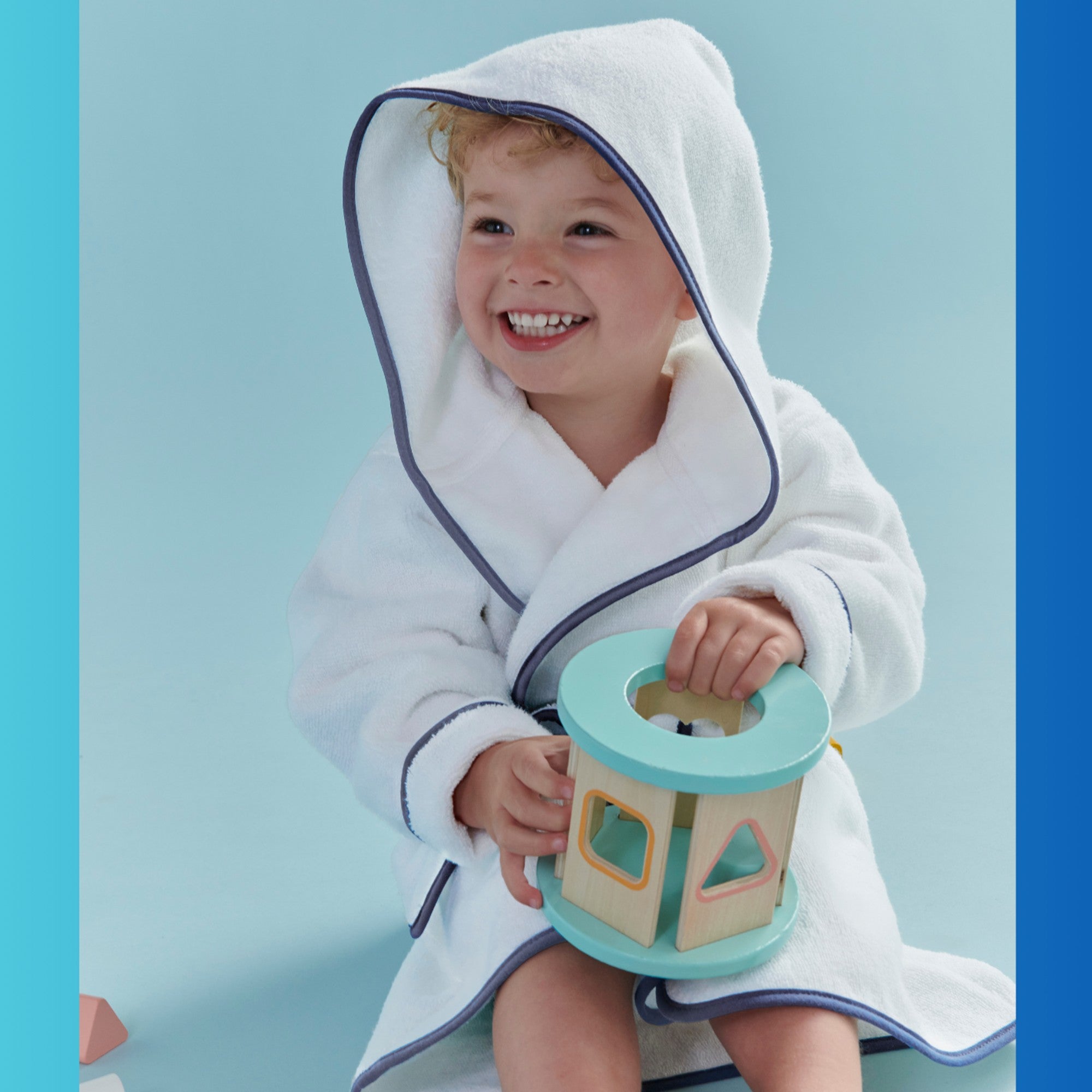 Mini Hooded Bath Robe in White & Denim Blue