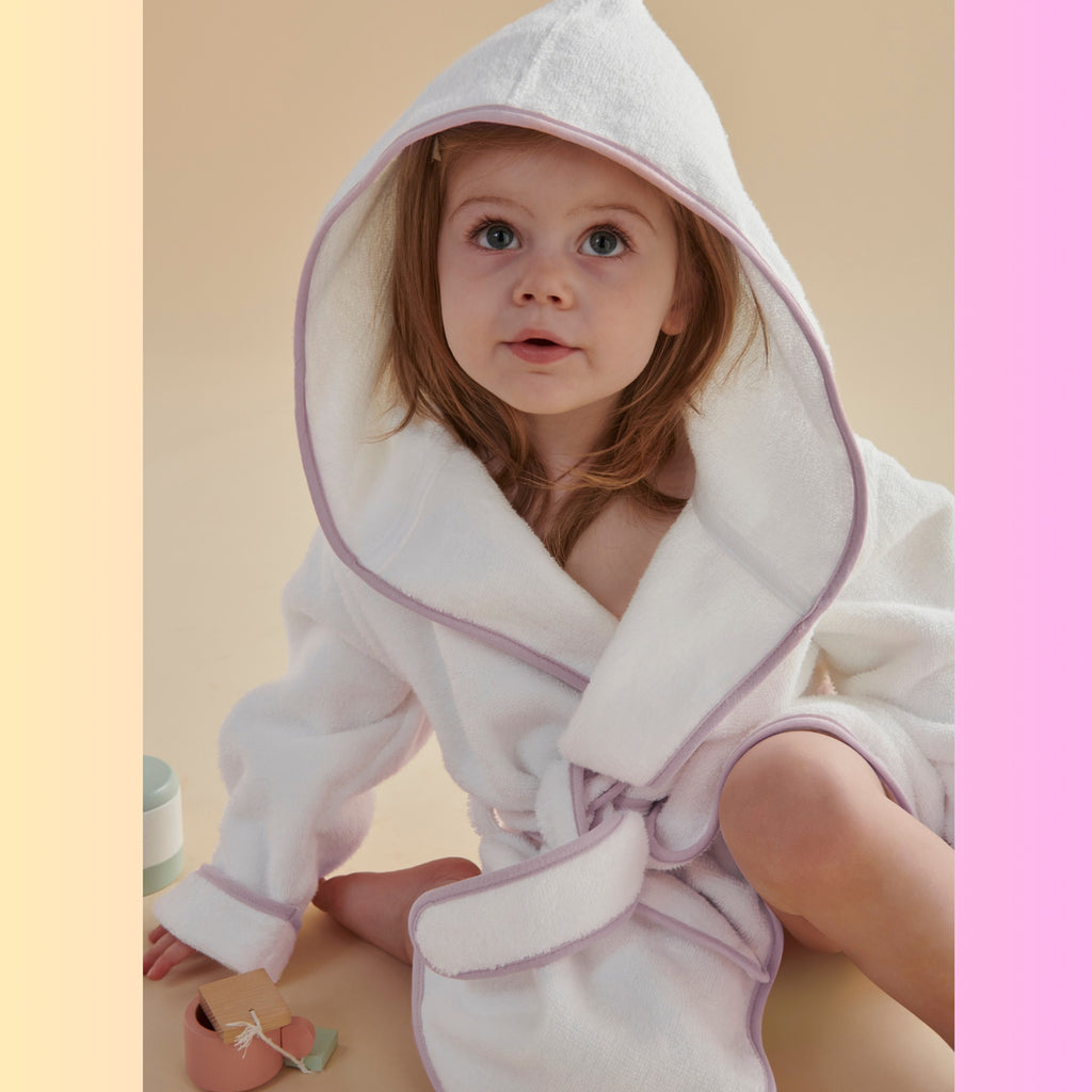Mini Hooded Bath Robe in White & Pink