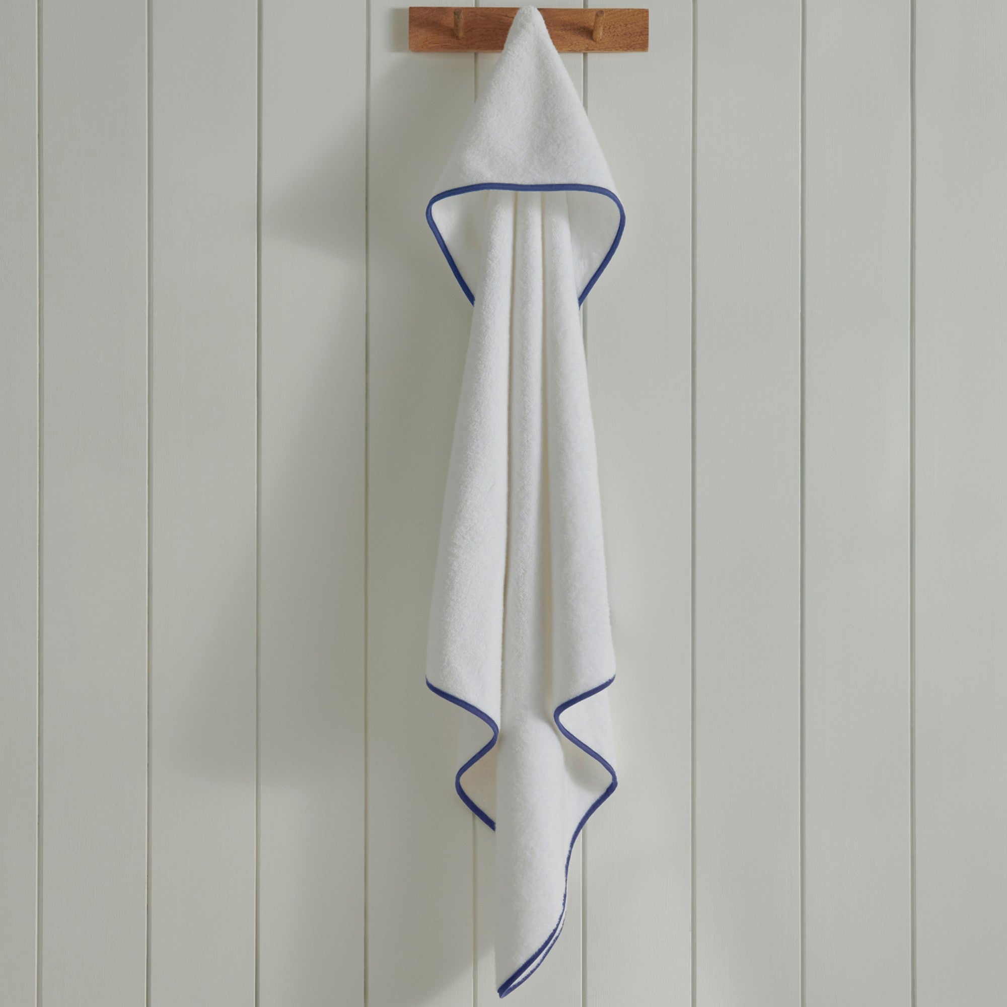 Mini Hooded Bath Towel in White with Denim Blue Trim