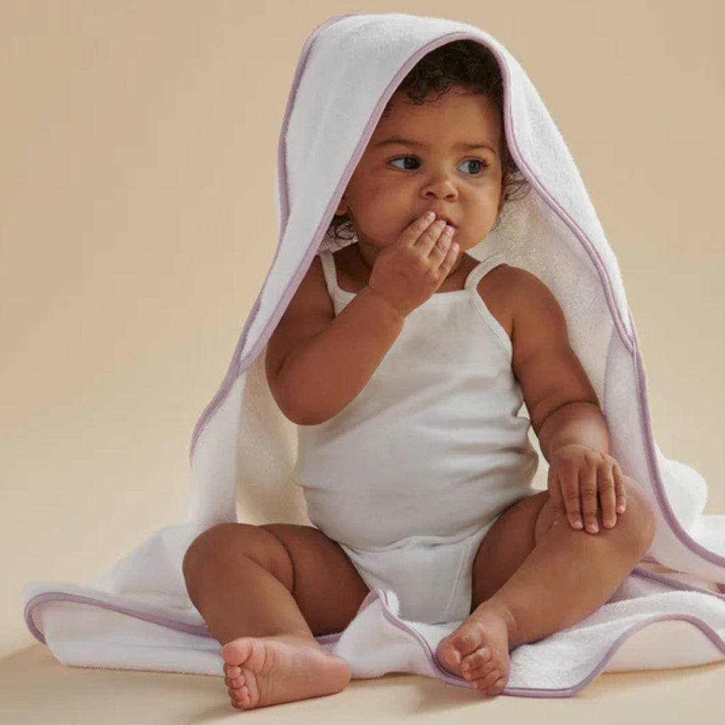 Mini Hooded Bath Towel in White with Pink Trim