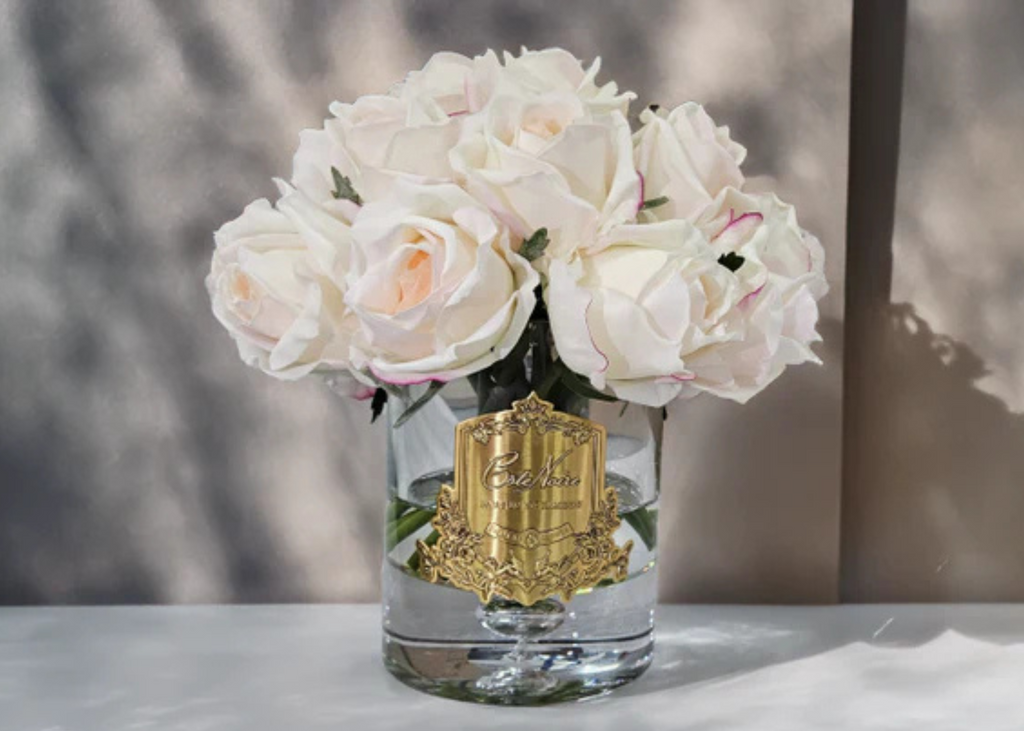 Linen Obsession "Grand Rose Buds Bouquet" in Glass Vase – 21 Artificial Silk Flowers