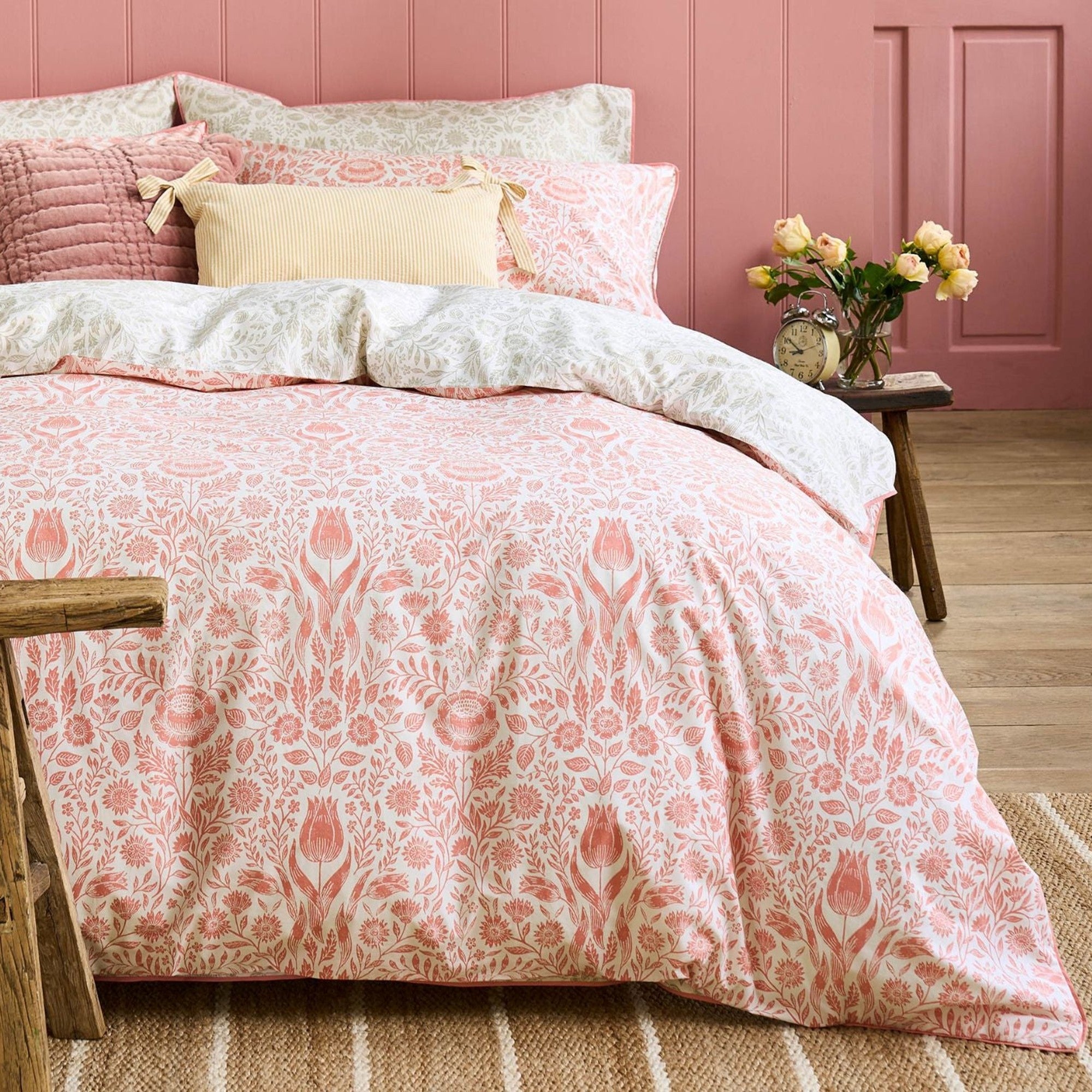 Ashstead Damask Duvet Cover Set in Natural Coral