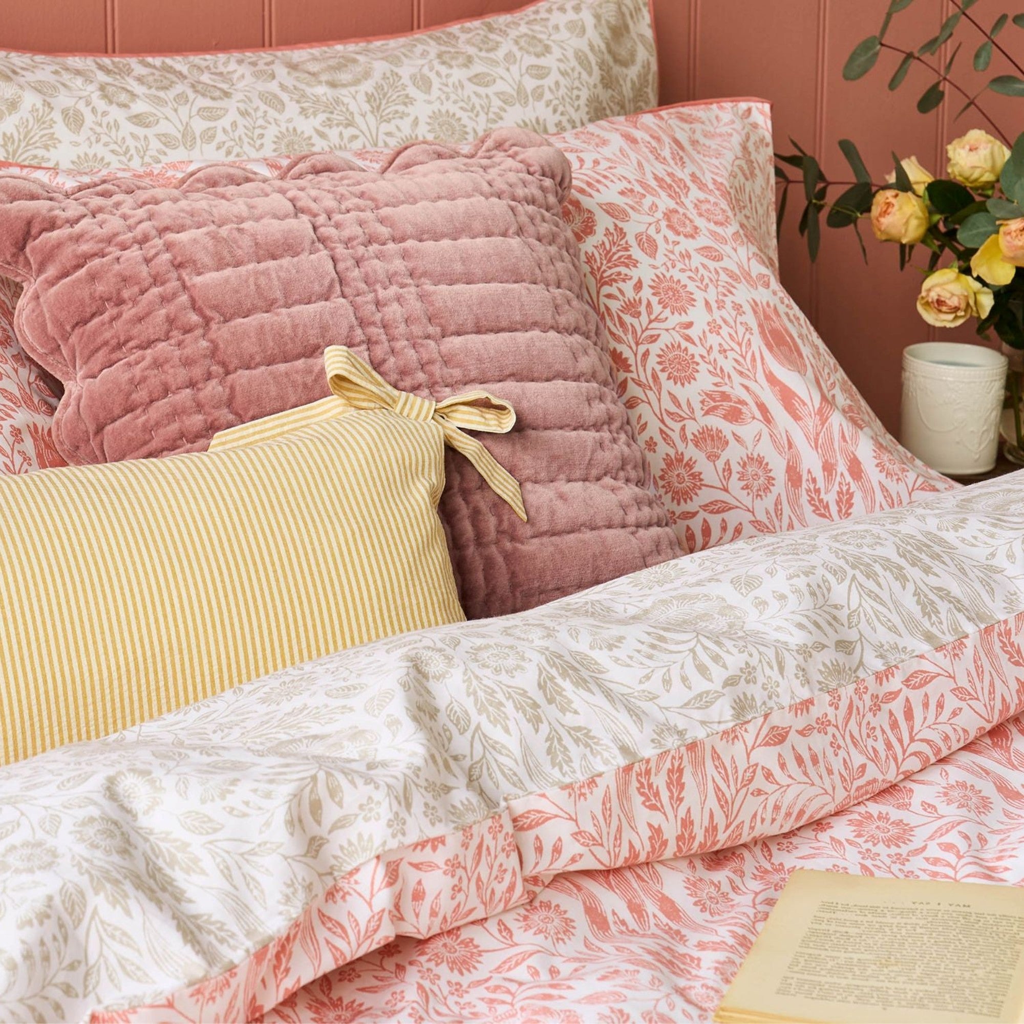 Ashstead Damask Duvet Cover Set in Natural Coral