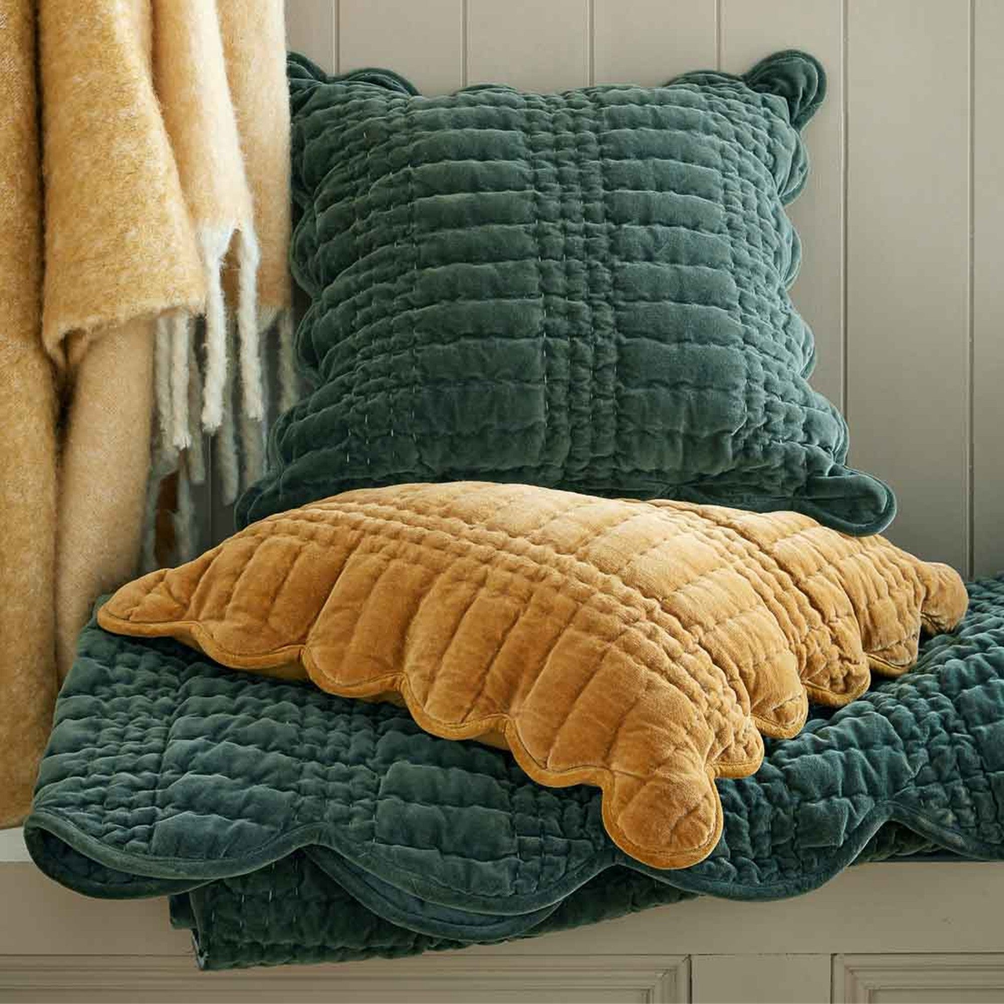 Brady Scalloped Bedspread in Pine Green