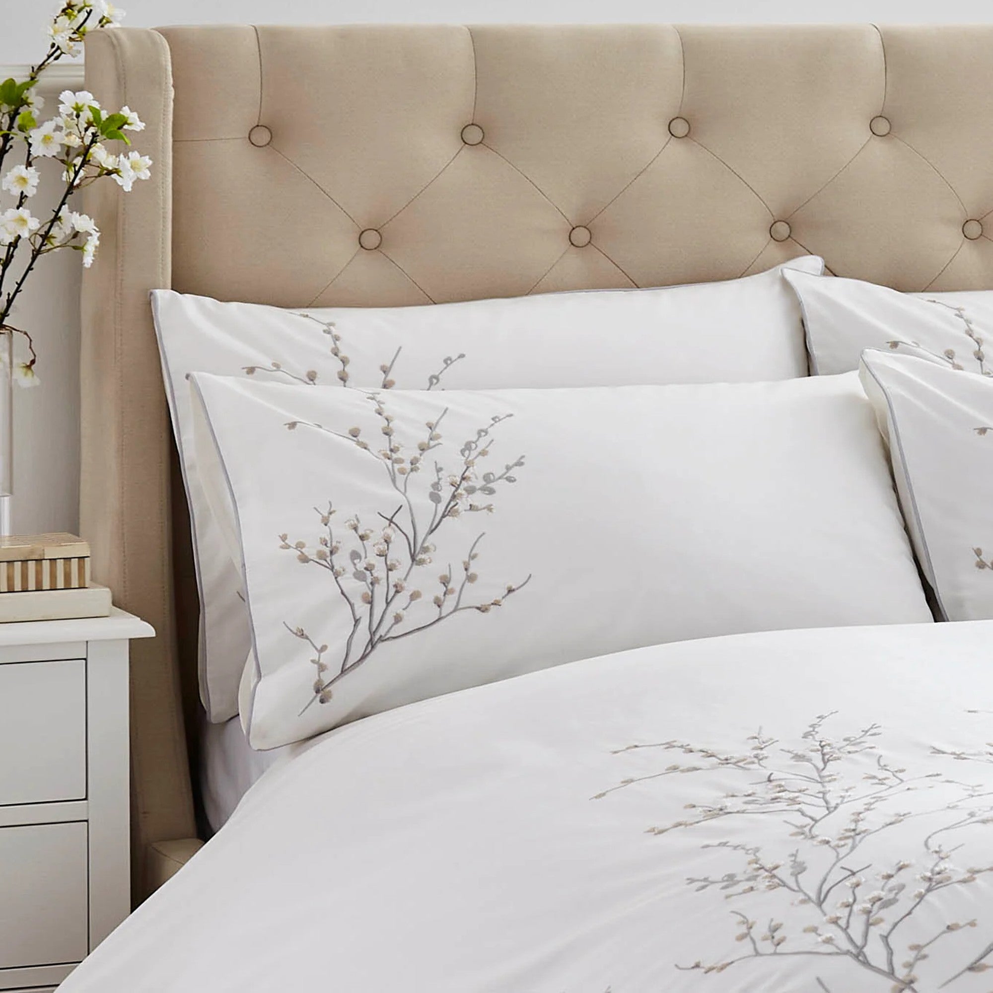 Pussy Willow Embroidery Duvet Cover Set in Dove Grey