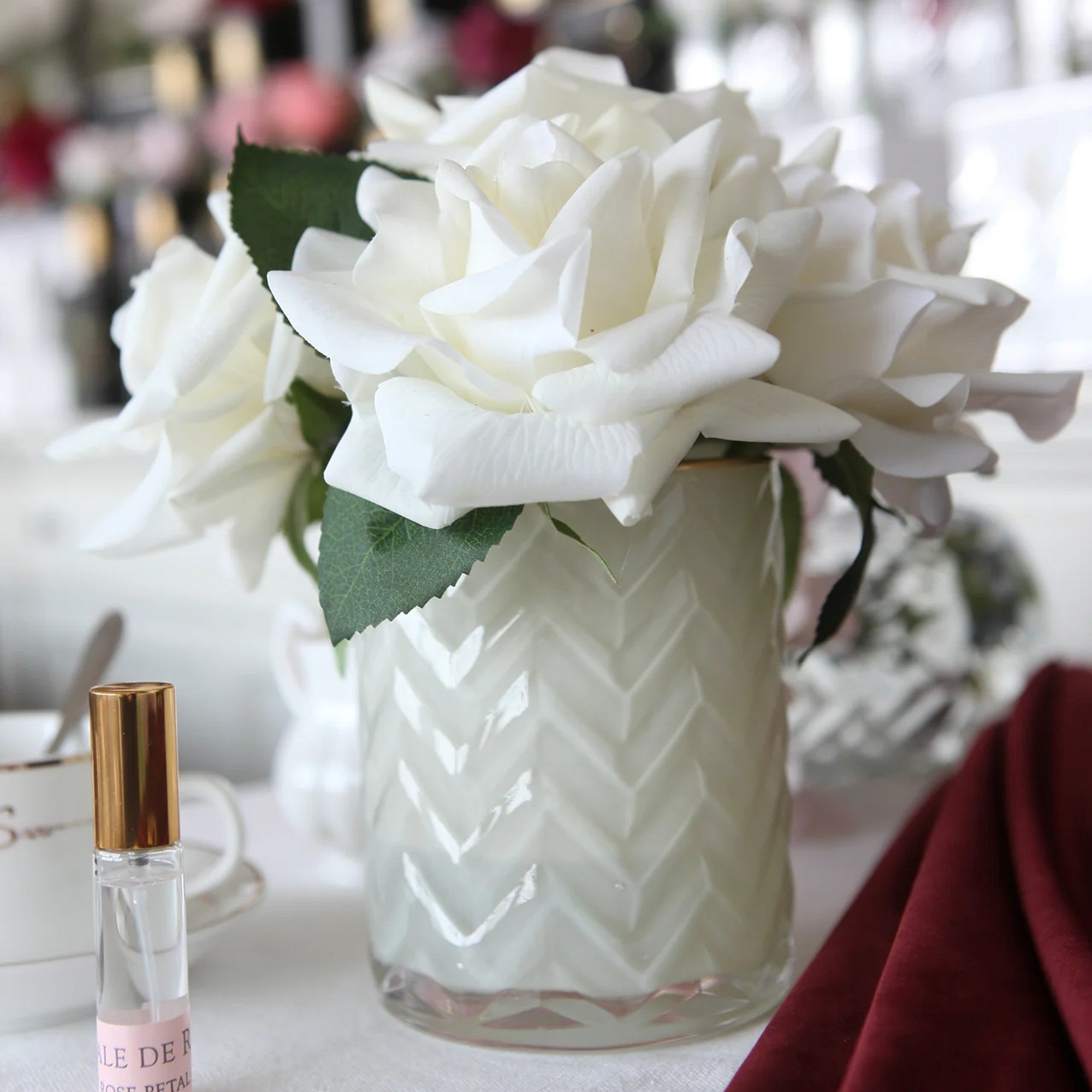 Rose Buds Herringbone Bouquet in Cream Vase – Artificial Silk Flowers