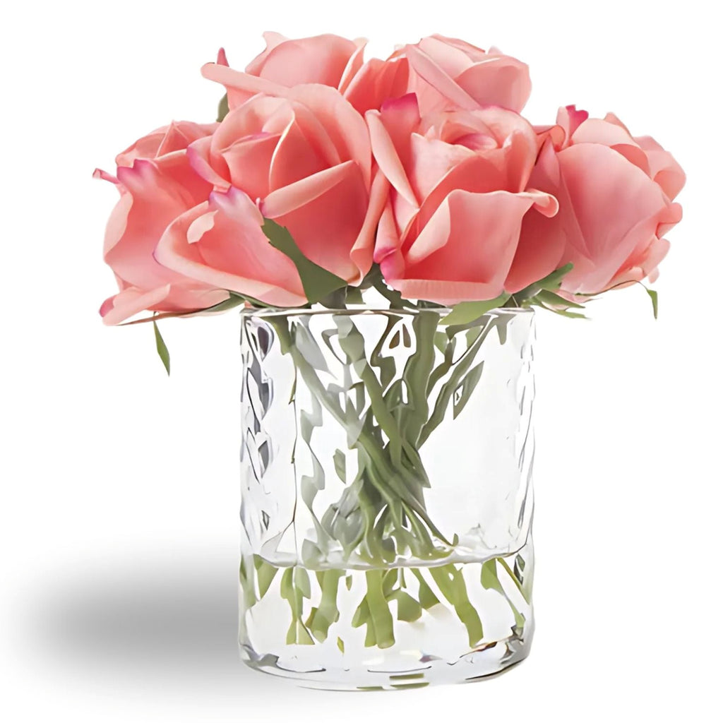 Rose Buds Herringbone Bouquet in Glass Vase – Artificial Silk Flowers