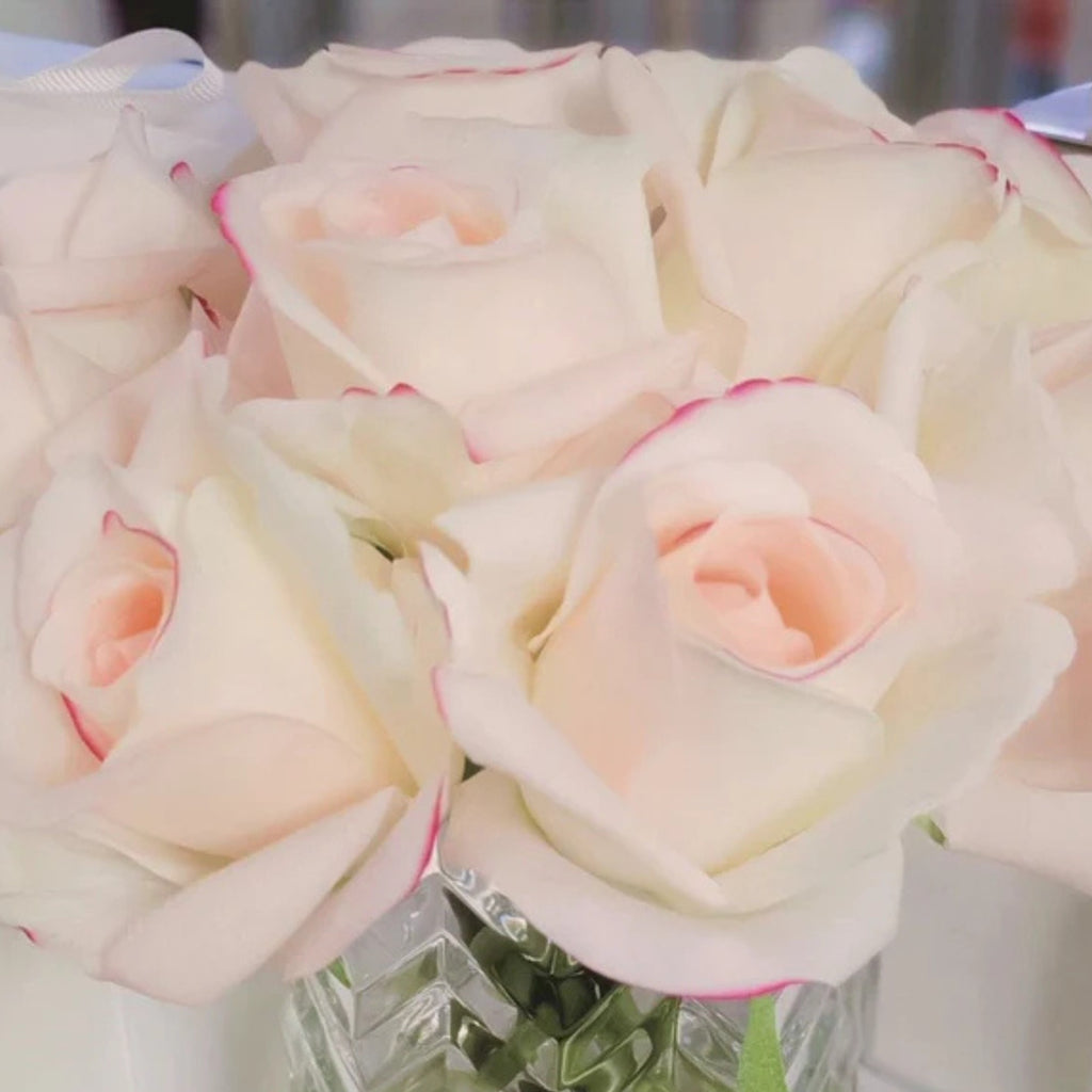 Rose Buds Herringbone Bouquet in Glass Vase – Artificial Silk Flowers