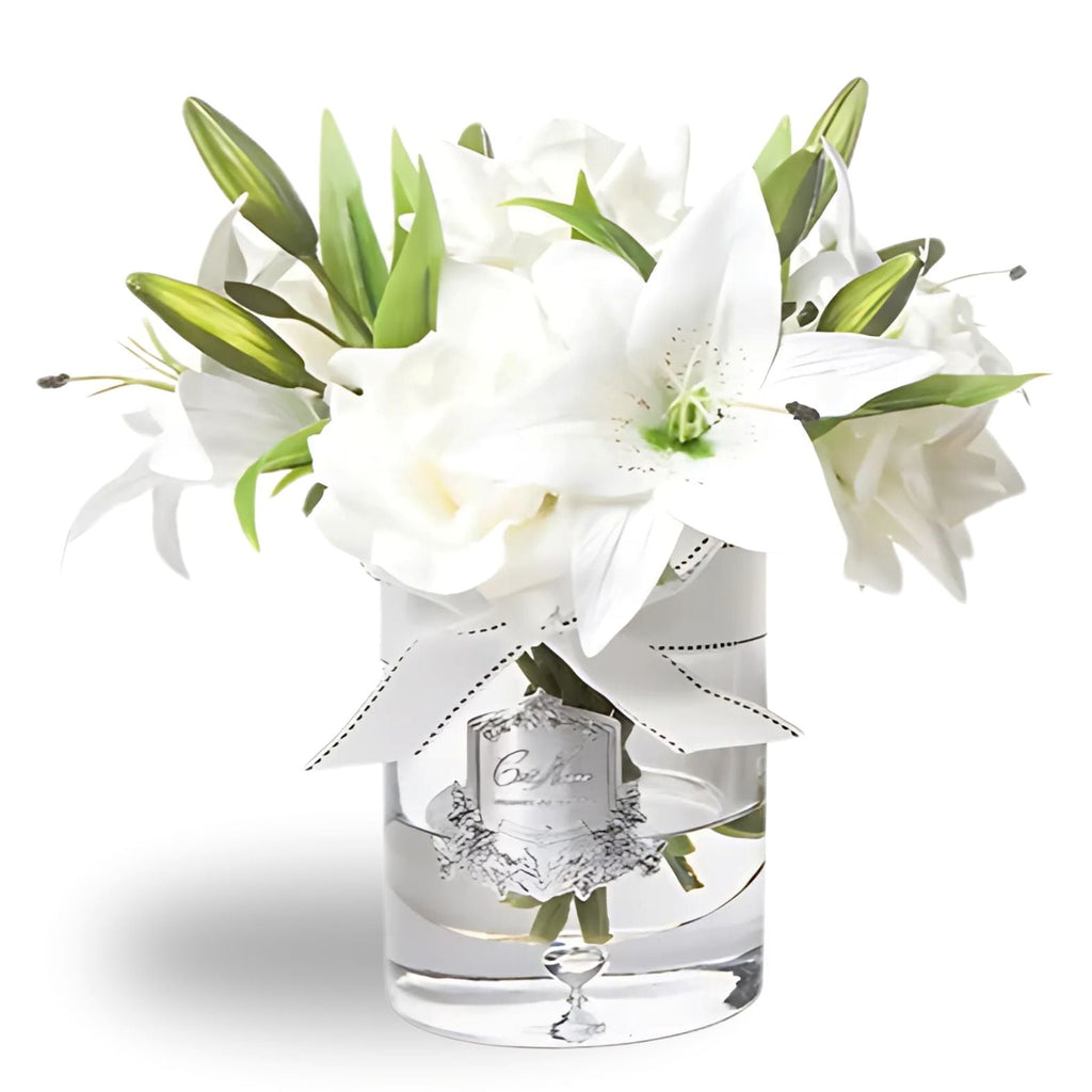 Rose & Lily Bouquet in Glass Vase in Ivory White