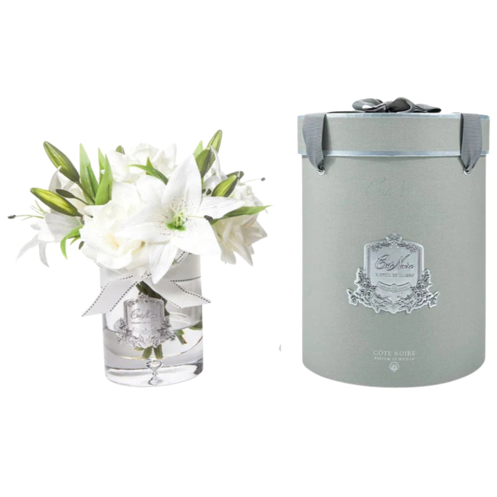 Rose & Lily Bouquet in Glass Vase in Ivory White
