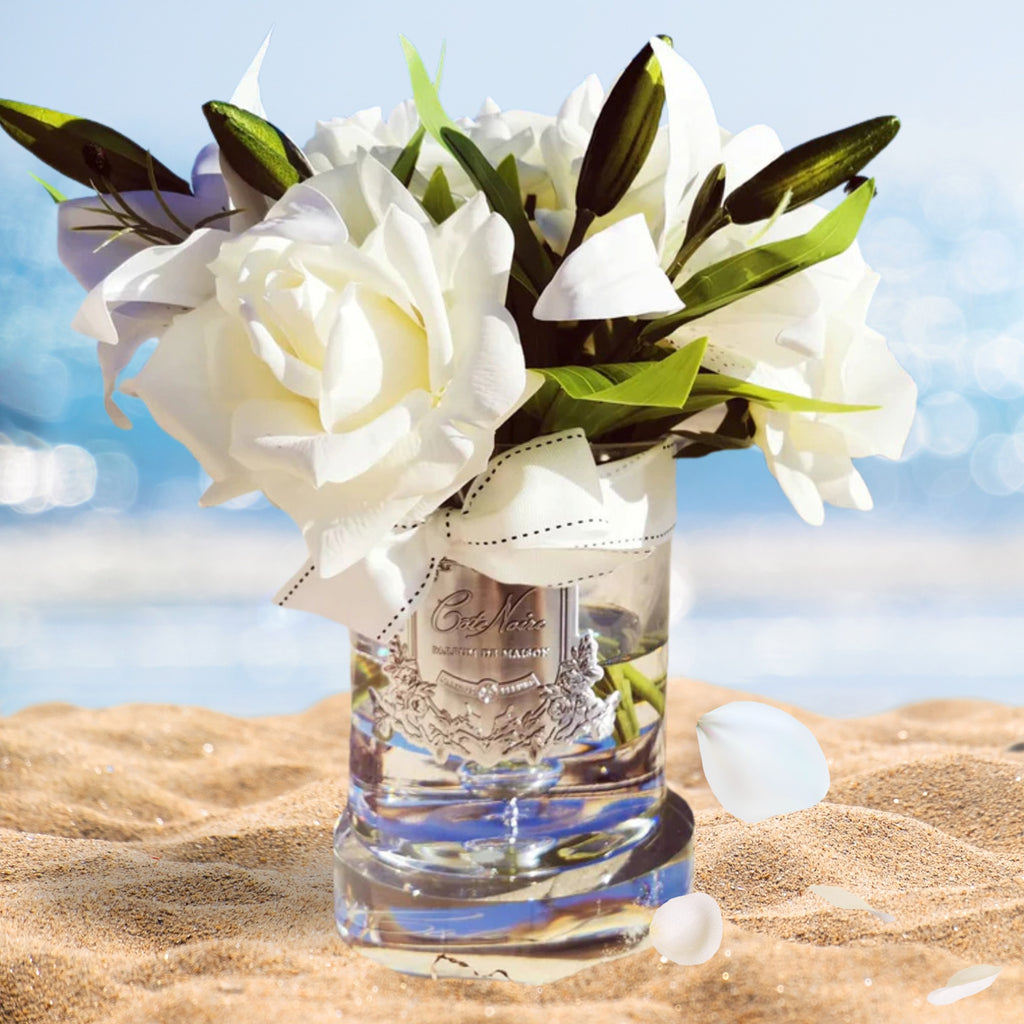 Rose & Lily Bouquet in Glass Vase in Ivory White