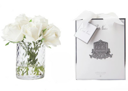 "Rose Buds Herringbone Bouquet" in Glass Vase – Artificial Silk Flowers