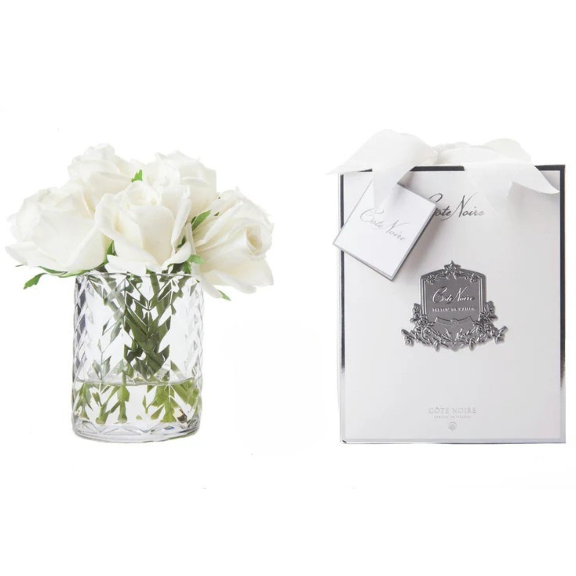 Rose Buds Herringbone Bouquet in Glass Vase – Artificial Silk Flowers